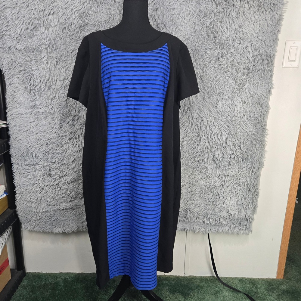 Maggy London Sheath Dress Women 22W Black Blue Colorblock‎ Ribbed Textured Midi